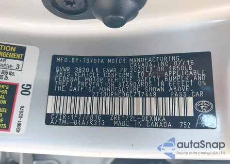 2016 Toyota Corolla Le z USA, uszkodzony, nr VIN 2T1BURHE9GC717448